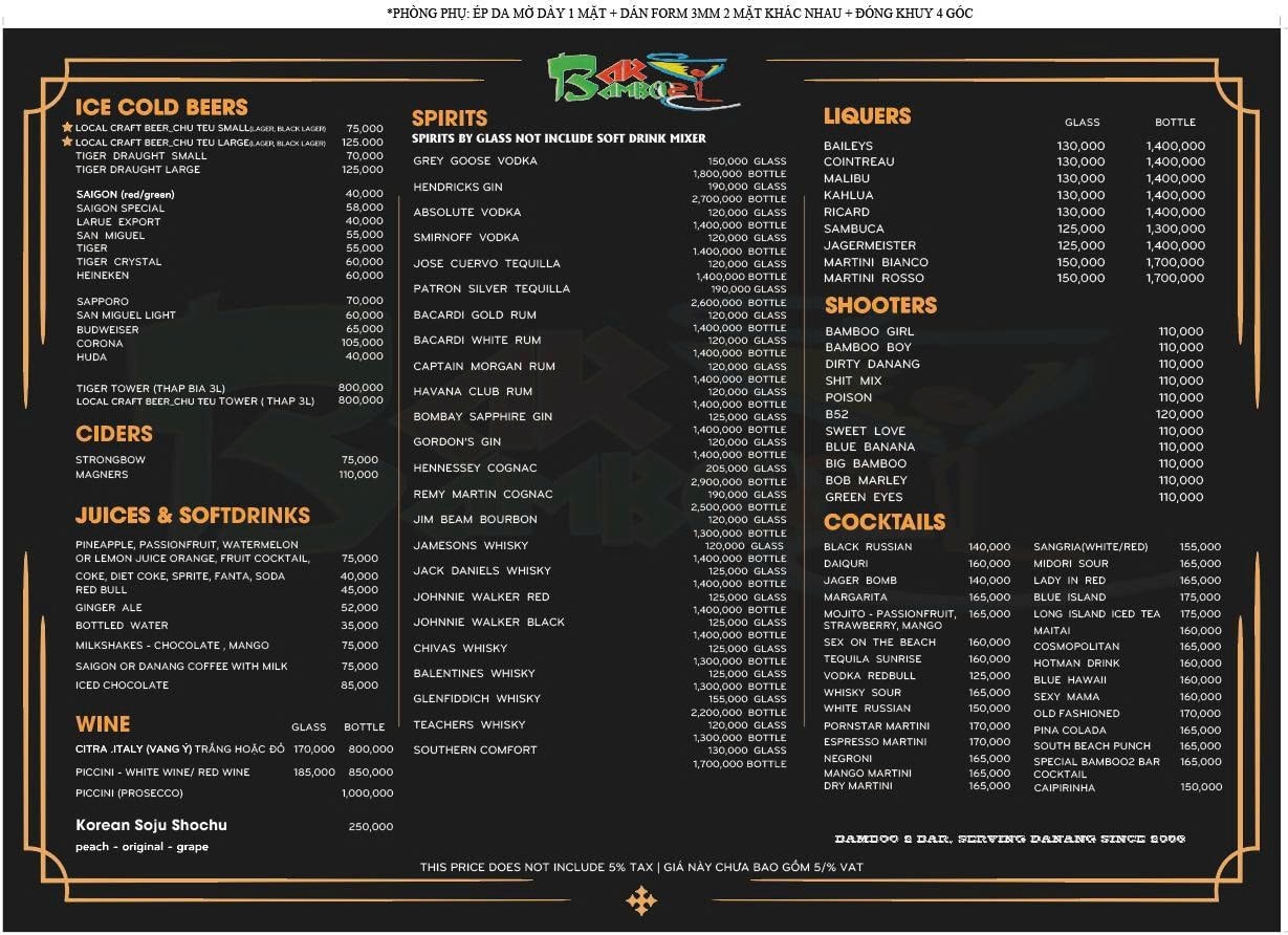 Bamboo 2 Bar drinks menu — beers, spirits, cocktails