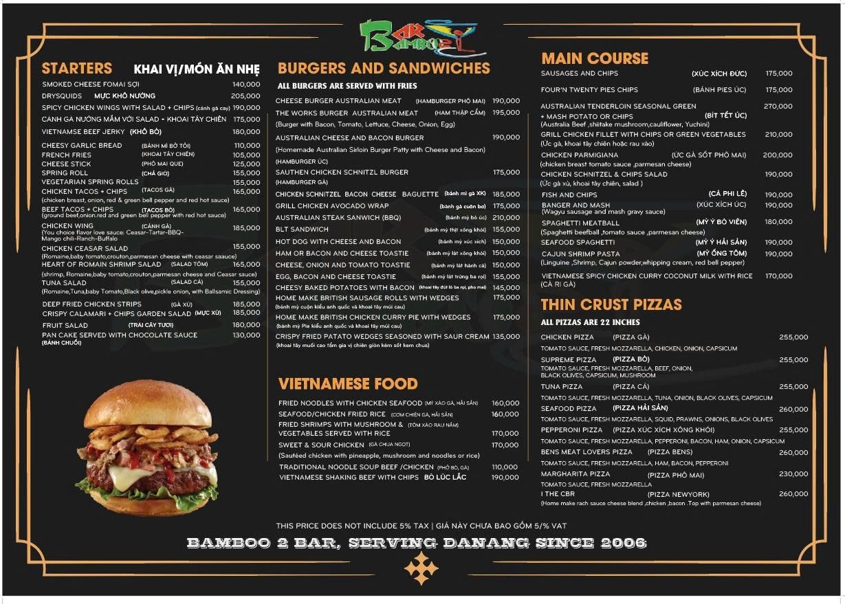 Bamboo 2 Bar food menu — burgers, pizza, Vietnamese dishes