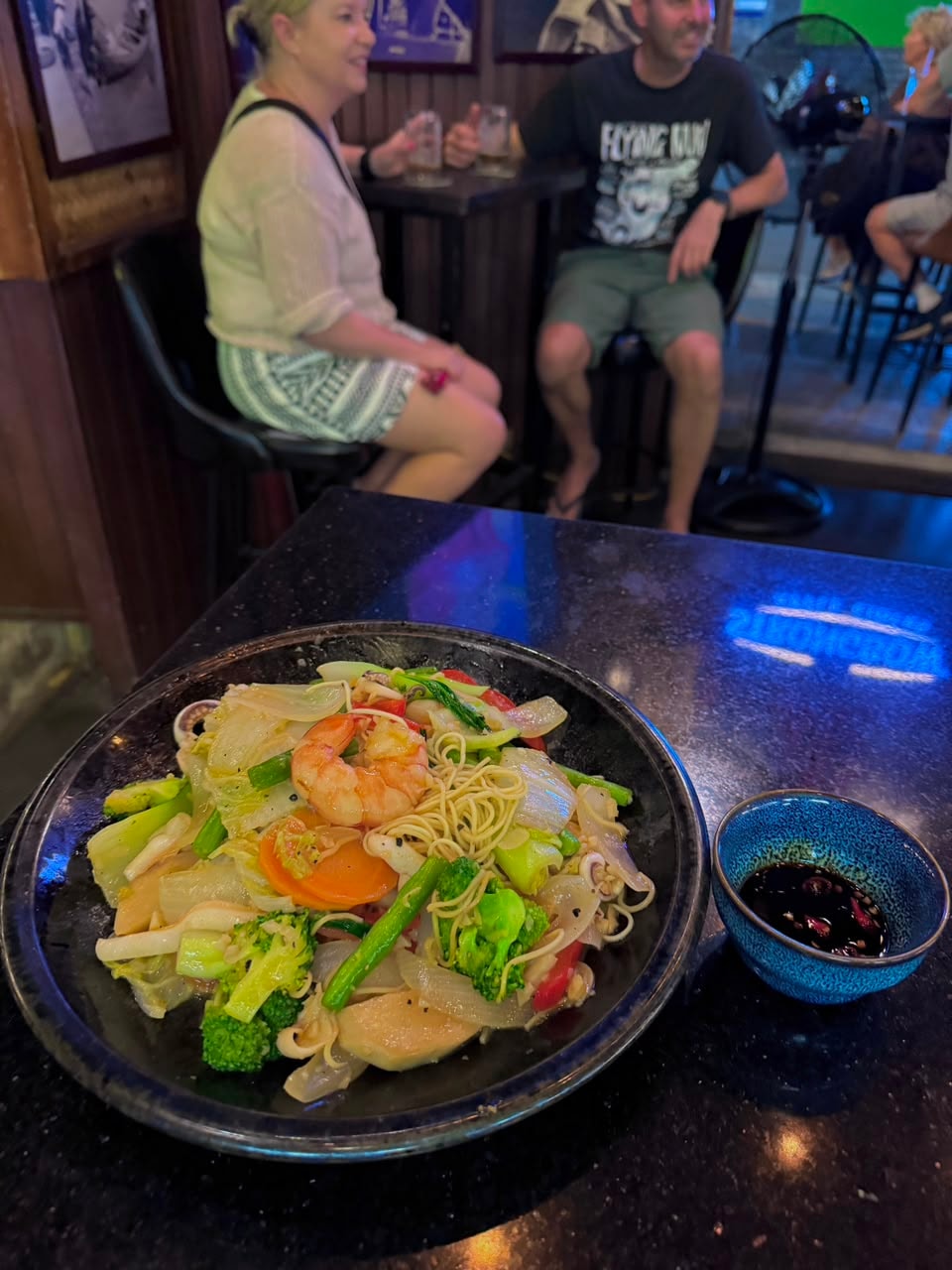 Shrimp noodle stir fry at Bamboo 2 Bar